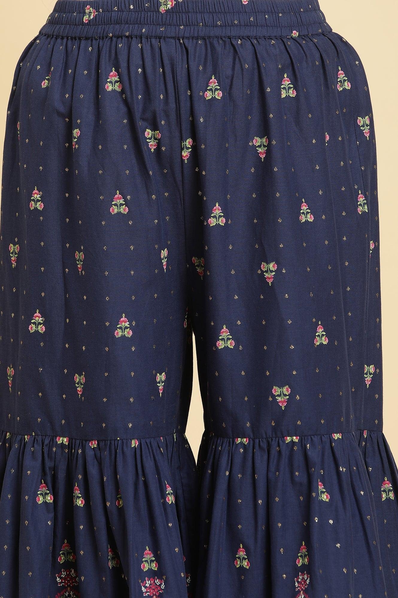 Blue Floral Printed Kurta, Sharara And Dupatta Set - Image 9